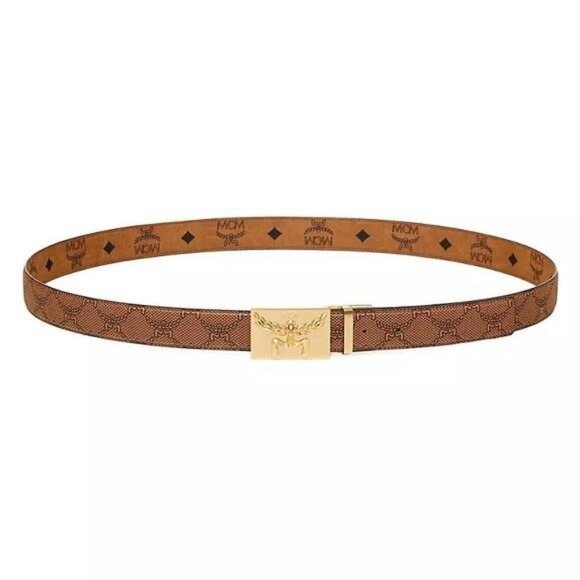 New Authentic MCM Garland Plaque Buckle Print Belt in 24K Gold Plating - Picture 8 of 12